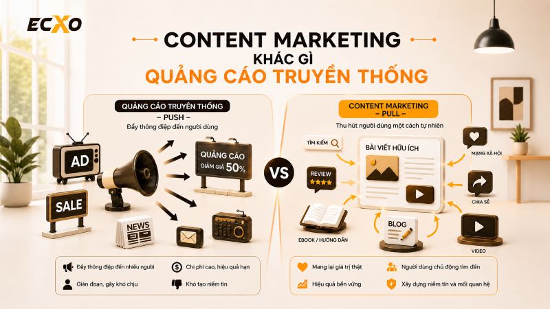 Sự khác biệt giữa Content Marketing và quảng cáo truyền thống - ECXO